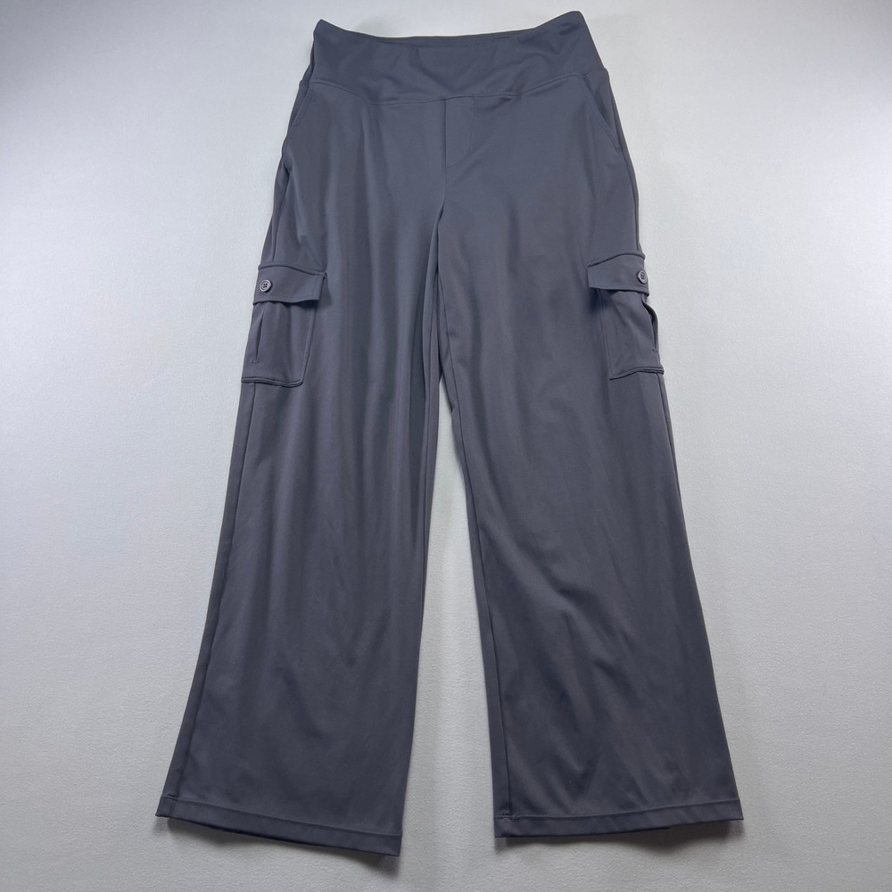 Womens Cargo Pants Large Charcoal Gray Stretch Wide Leg Utility Pockets Mid Rise